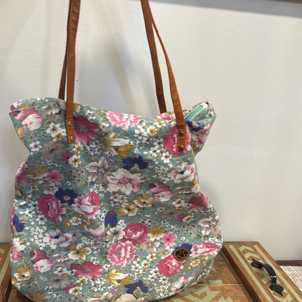 Floral Tote Bag with Tan Straps